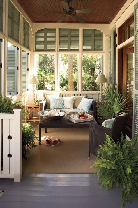 Front Porch. Coastal Home Decor: An Outdoor Living Room. Love the wood ceiling. Indoor/Outdoor Ceiling Fan ideas https://seasyourday.com/key-west-style-ceiling-fans/ Sunroom Idea, Southern Porch, Sunroom Decor, Enclosed Porch, Beach Cottage Style, Outdoor Living Room, Design Del Prodotto, Cool Ideas, Style At Home