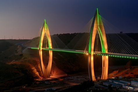 Mohammed VI Bridge, morocco, rabat, longest cable-stayed bridge in Africa, bridge, led lighting, lighting system, illuminated bridge, desert, king muhammed vi Bridge Engineering, Cable Stayed Bridge, Bridge Over Troubled Water, Bridge Design, Unique Architecture, Creative Lighting, A Bridge, Capital City, Golden Gate Bridge