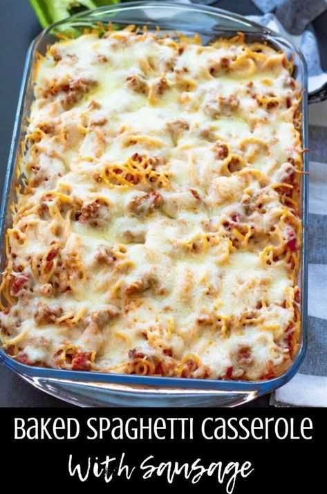 Baked Spaghetti Casserole With Sausage is an easy and delicious dinner option the whole family will love. It's perfect to feed a crowd and it's budget friendly!  www.thisolemom.com #easyrecipe #easyrecipesfordinnercheap #spagetti #casserole #potluck #sausage #cheese #supper #bakedspaghetti Casserole Potluck, Baked Spagetti, Casserole With Sausage, Easy Pasta Dinner Recipes, Baked Spaghetti Casserole, Baked Spaghetti Recipe, Sausage Spaghetti, Easy Pasta Dinner, Spaghetti Casserole