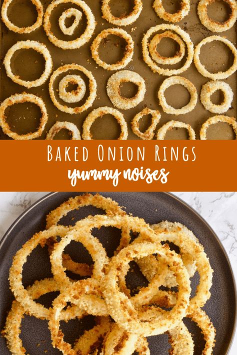 Baked Onion Rings - These super crunchy onion rings are coated in seasoned panko breadcrumbs and baked for a lighter take on an indulgent dish! | YummyNoises.com Oven Baked Onion Rings, Baked Onion Rings, Baked Onion, Chipotle Ranch Dressing, Burger Side Dishes, Baked Onions, Onion Ring, Panko Crumbs, Healthy Swaps