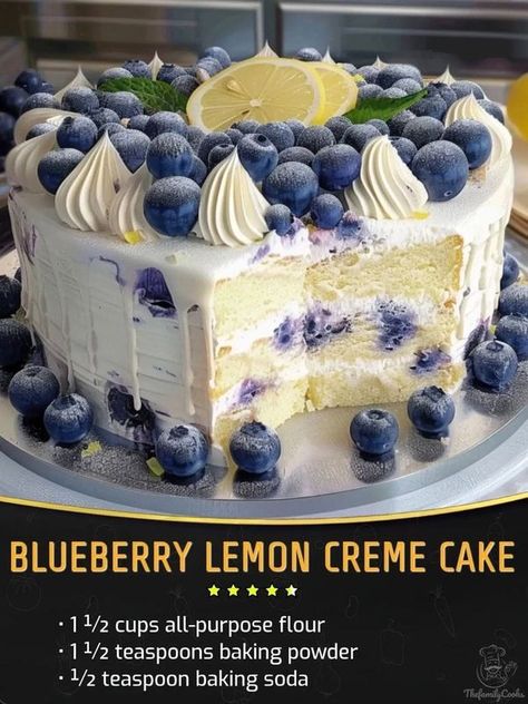 Easy Crockpot Recipes | Blueberry Lemon Creme Cake | Facebook Blueberry Lemon Crème Cake, Blueberry Lemon Creme Cake, Easy Birthday Cake Ideas For Men, Lemon Creme Cake, Creme Cake, Lemon Creme, Lemon Cream Cake, Food Decorations, Blueberry Lemon Cake