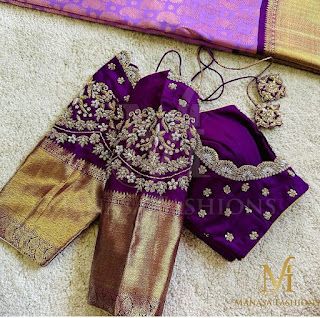 Murtham Blouse Design, Wedding Maggam Work Blouse Designs, Latest Maggam Work Designs 2024, Purple Maggam Work Blouse Designs, Simple Work Designs For Blouses, Purple Blouse Designs For Saree, Maggam Work Simple Designs, Muhurtham Blouse Designs, Pattu Blouse Maggam Work Designs