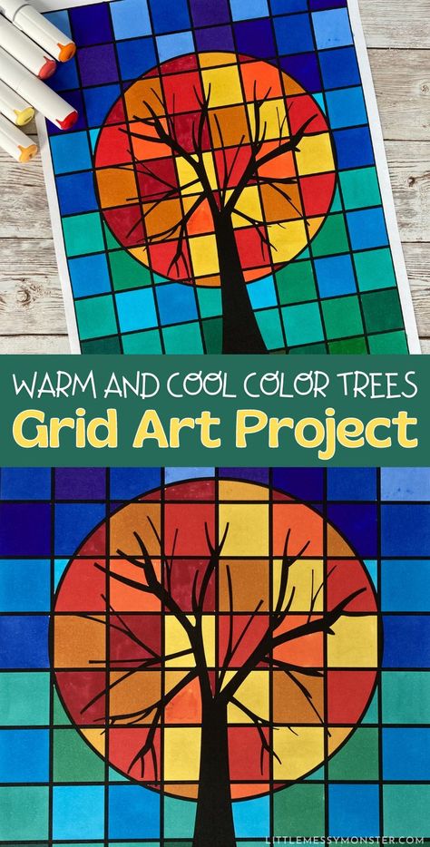 Warm and cool colors in art tree art project. Grid art printable. Tree Art Project, Elements Of Art Color, Color Art Lessons, Cute Art Projects, Forest Therapy, Colorful Art Projects, Warm And Cold Colours, Grid Art, Fall Art Projects