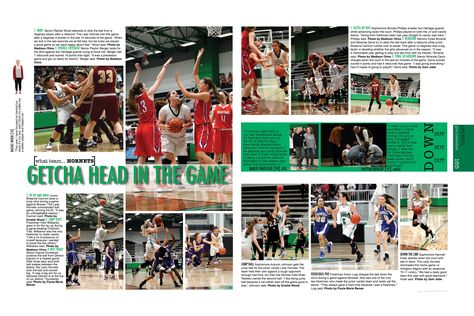 Award Winning Yearbook Spreads, Basketball Yearbook Page, Basketball Yearbook Spread, Yearbook Layouts Templates, Yearbook Spreads Ideas, Yearbook Spreads Ideas Layout, Sports Yearbook, Yearbook Sports Spreads, Sports Magazine Design