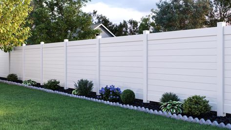 White Wood Privacy Fence, Backyard White Fence, Front Yard Vinyl Fence Ideas, White Backyard Fence, White Front Fence Ideas, White Fencing Ideas, White Vinyl Fence Ideas Backyards, White Vynal Fencing, White Aluminum Fence