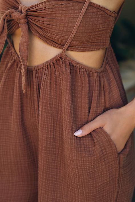 The Wrenley is a viral star, offered in a semi-sheer crinkle-cotton gauze with a bandeau top and suspender wide-legs. | The Wrenley Suspender Pant Set by Anthropologie in Brown, Women's, Size: XS, Cotton Cute Pirate Outfit Women, Linen Top And Pants Set, Cute House Clothes, Summer Staple Pieces, Cool Summer Outfits Women, Fashion For 30 Year Old Women, Summer Heat Outfits, Casual Summer Date Outfit, Boho Summer Outfits Bohemian