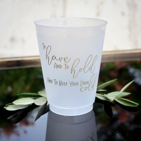 DESCRIPTION COLORS + DESIGNS CUP INFO These personalized "To Have and to Hold" Frost Flex Cups are the best way to celebrate your blessed union! A great personalized favor at any party - whether an anniversary, bridal showers, or wedding! Each is printed with our "To Have and to Hold" design in a trendy mix of fonts, with the couple's name imprinted on the opposite side. Available in a variety of sizes and ideal for for serving a variety of refreshments at your party! THANK YOU! Thank you so muc Beer Margaritas, Trendy Fonts, Serving Wine, Wedding Cups, Local Coffee Shop, Wine Cocktails, Event Themes, Personalized Favors, Signature Drinks