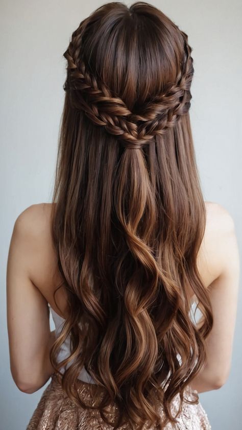 Looking for the perfect hoco hairstyles Whether you have straight simple or natural curly hair we've got you covered with ideas for all hair lengths - short medium length and long hair From easy half-up styles to chic shoulder-length cuts find your dream hoco hairstyle here Hairstyles For Homecoming Brown Hair, Hoco Hair Long Hairstyles Brown, Half Up Half Down For Long Hair, Hair Styles For Long Hair School, Hoco Hair Curled With Braid, Hoco Hairstyles For Long Hair, Cute Formal Hairstyles, Prom Hairstyles Half Up Half Down Braid Brown Hair, Half Up Down Hairstyles