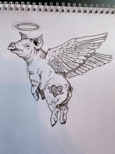 Flying Pig Drawing, Flying Pigs Art, Adoption Tattoo, Pig Skull, Pig Sketch, Alas Tattoo, Pig Tattoo, When Pigs Fly, Pig Drawing