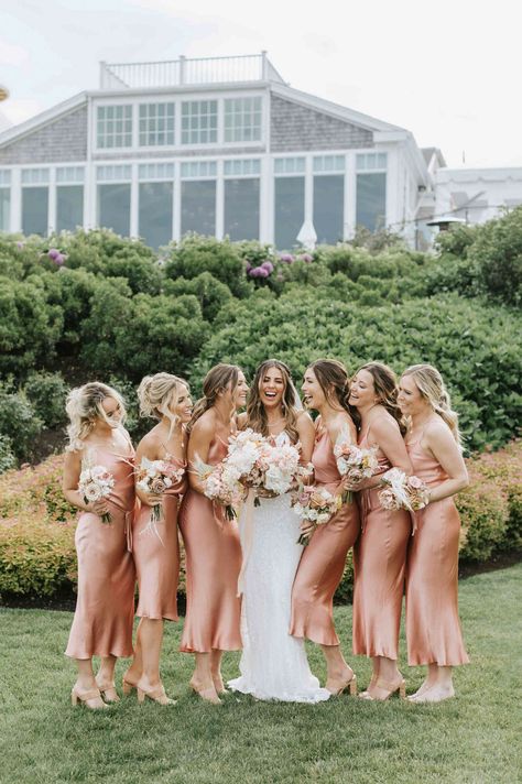 Centerpiece With Pampas, Sunset Bridesmaids, Peach Color Bridesmaid Dresses, Satin Bridesmaids Dresses, Cape Cod Beach Wedding, Satin Bridesmaids, Coastal Weddings, Peach Dresses, Waterfront Wedding Ceremony