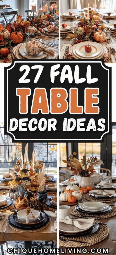 ooking to create a memorable and elegant Thanksgiving table? These 27 stunning tablescape ideas will inspire you to design a festive and inviting setting for your holiday feast. From rustic farmhouse styles with natural elements like pumpkins, pinecones, and burlap to modern chic setups featuring metallic accents, candles, and floral arrangements, these ideas cater to every taste. Dinner Table Thanksgiving Decor, Thanksgiving Ideas Hosting Decor, How To Set Up A Thanksgiving Table, Natural Thanksgiving Table Decor, Fall Formal Table Decor, Table Decorations With Pumpkins, Setting A Formal Dining Table, Plaid Thanksgiving Table Decor, Ideas For Thanksgiving Dinner Table