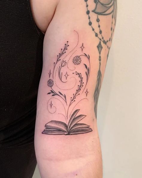 Tattoo uploaded by Brigid Burke Tattoo • Tattoodo Brigid Tattoo, Open Book Tattoo, Bookworm Tattoo, Bookish Tattoos, Tattoos For Lovers, Bff Tattoos, Flowers Tattoo, Calf Tattoo, Tattoo Illustration