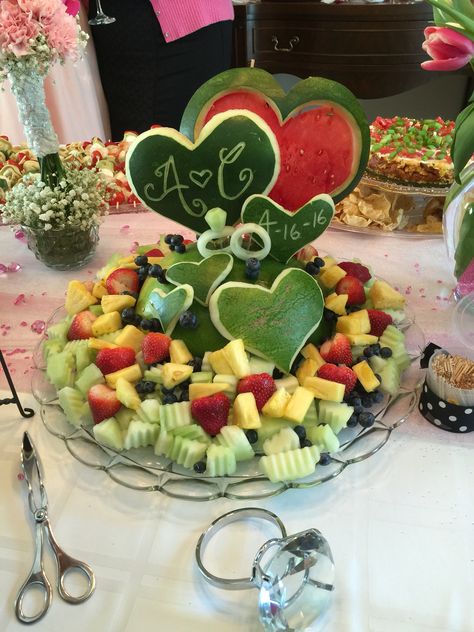 Fruit tray watermelon sculpture for Alex's bridal shower. Fruit Platter Ideas Wedding, Watermelon Wedding, Wedding Fruit, Fruit Buffet, Fruits Decoration, Fruit Decoration, Fruit Platter Designs, Fruit Creations, Watermelon Carving