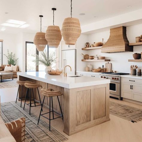 Modern Boho Kitchen Design, Modern Boho Kitchen Island, Boho Kitchen Island, Modern Boho Kitchen Decor, Modern Boho Kitchen Ideas, Coastal Boho Kitchen, Boho Modern Kitchen, Modern Boho Kitchen, Bohemian Kitchen Decor