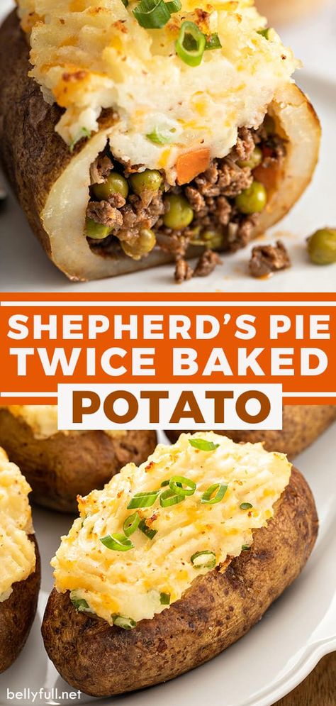 If you love shepherd's pie and twice baked potatoes, you will love this Shepherd's Pie Twice Baked Potatoes mash-up! A delicious combination of two comfort foods in one. Serve as a whole meal or a side dish. Shepherds Pie Recipe Baked Potato, Shepherd's Pie Baked Potatoes, Shepherds Pie Baked Potatoes, Twice Baked Potatoes With Ground Beef, Stuffed Baked Potatoes With Ground Beef, Baked Potato Shepherd's Pie, Potato Toppers, Potato On The Grill, Sides Potatoes