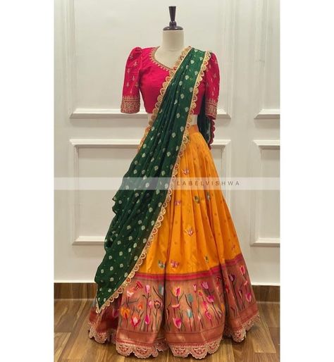 Pathani Half Saree Designs, Half Saree Lehenga Green, Half Saree Duppata Styles, Half Sarees Lehenga, Orange Half Saree Color Combos, Pithani Pattu Lehangas, Paithani Lehenga Half Saree, Langavoni Half Saree, Paithani Half Saree Designs