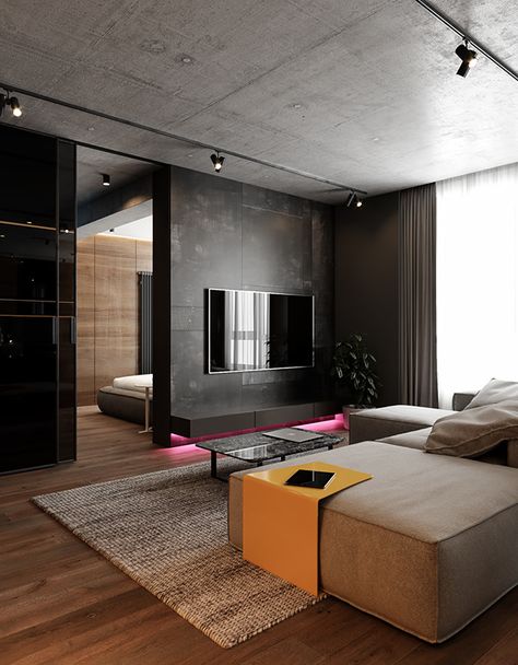 Modern Loft Apartment Design, Loft Apartment Designs, Modern Loft Apartment, Loft Interior, Modern Loft, Loft Design, Tv Console, Home Room Design, Apartment Interior