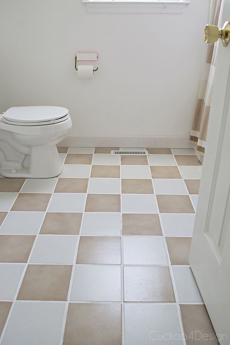 Updating my plain tan checkerboard floor - Cuckoo4Design Checkboard Floor Bathroom, Painted Checkerboard Tile Floor, Brown And Cream Checkered Floor, Checkered Tile Floor Bathroom, Checker Bathroom Floor, Brown And White Checkered Floor, Beige And White Checkerboard Floor, Beige Checkered Floor, Checkerboard Floor Bathroom