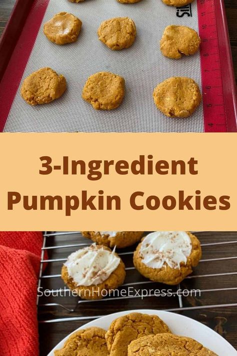 These 3-ingredient pumpkin cookies are a delicious fall treat. Make a couple of batches and watch how quickly they disappear! #pumpkincookiesrecipe #easypumpkincookies #3ingredientcookiesrecipe Pumpkin Cake Mix Cookies, Pumpkin Cookies Easy, 3 Ingredient Cookies, Pumpkin Cookie Recipe, Pumpkin Pie Smoothie, Cinnamon Muffins, 3 Ingredient Recipes, Pumpkin Chocolate Chip Cookies, Cookies Easy