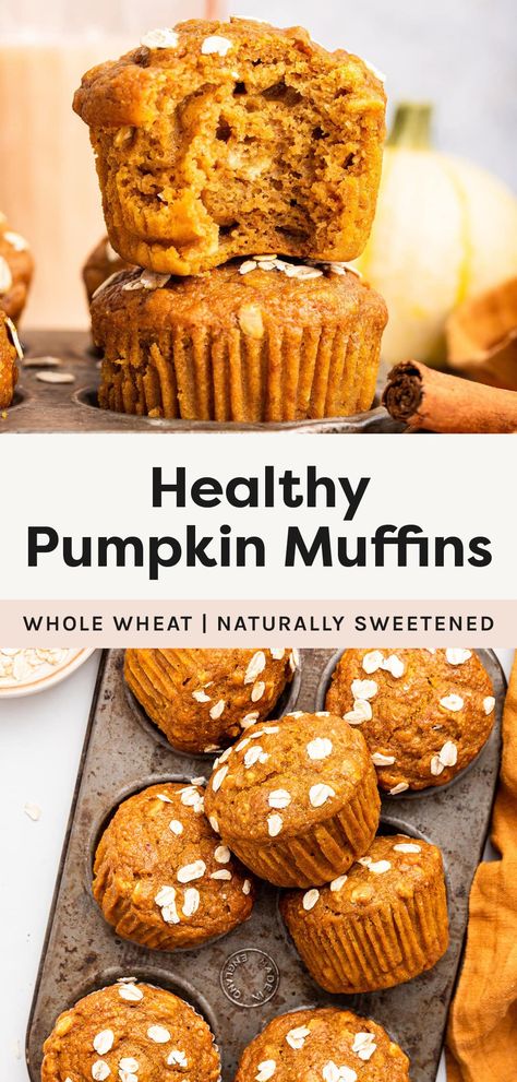 These healthy pumpkin muffins are moist, fluffy and delicious! They're naturally sweetened and made with whole wheat flour, rolled oats, yogurt and fall spices. Oats Yogurt, Healthy Pumpkin Muffins, Pumpkin Recipes Healthy, Pumpkin Muffin Recipes, Homemade Pumpkin Puree, Pumpkin Recipes Dessert, Pastry Flour, Fall Spices, Muffin Recipe