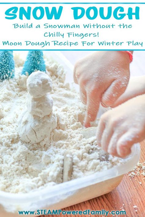 Snow Dough is perfect for winter play without the chilly fingers and toes. Using our new and amazingly silky Moon Dough recipe, this taste safe, snowman building version is perfection. Kids will enjoy the incredible sensory experience provided by this silky version of moon dough that is so easy to make, they can do it themselves. Plus you can challenge them to build a snowman, all while staying in the warm indoors. #WinterActivities #MoonDough #SnowDough #WinterPlay #SnowDay #Sensory Sensory Snow, Snow Dough, Winter Sensory Bin, Make Snow, Sensory Dough, Snow Theme, Fun Zone, Winter Activities For Kids, Toddler Sensory