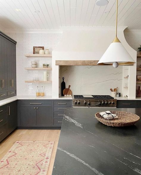 Stove Alcove Round Up - Farmhouse Living Stove Alcove, Marble Kitchen Island, Soapstone Countertops, Kitchen Hoods, Grey Kitchen Cabinets, Grey Cabinets, Kitchen Marble, Cheap Home Decor, Home Decor Accessories