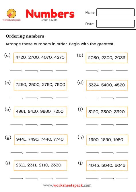 Arrange the numbers in order. Begin with the greatest. Year 4 Maths, Grade 4 Math, Easy Math Activities, Mental Maths Worksheets, Easy Math, Math Addition Worksheets, Math Practice Worksheets, Worksheets For Grade 3, Numbers Worksheets