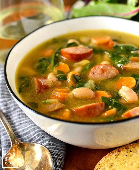 Bowl of Smoked Sausage, White Bean and Spinach Soup Df Soup, Kale Soup Recipes, Cooking Stuff, Iowa Girl Eats, Spinach Soup, Kale Soup, Sausage Soup, Gluten Free Recipes For Dinner, White Bean Soup