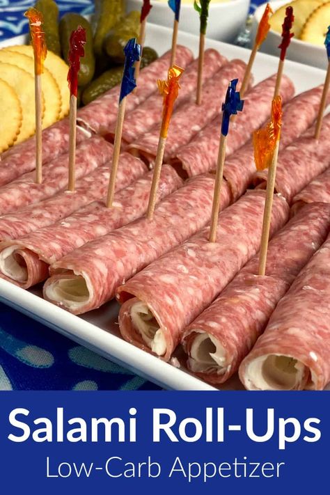 Cream cheese spread on salami and rolled up makes one of the best low-carb and keto snack recipes we’ve eaten! Perfect for grazing at a family holiday meal or enjoying at a party these snacks can be made ahead of time and are easy to transport over a long distance. There's something fun about finger food with a frilly toothpick that can be eaten in just a few bites. Spreading cream cheese inside each slice of salami helps it stick together as it is rolled or folded. Charcuterie Roll Ups, Card Party Snacks Appetizers, Easy To Transport Appetizers, Baptism Brunch, Salami Appetizer, Glamping Camper, Salami Rolls, Keto Snack Recipes, Salami Recipes