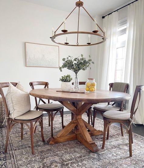 Alexander Designs & Co. on Instagram: “Primrose style table made 60” in diameter and stained Early American🍋” Round Wood Kitchen Table, Round Kitchen Table And Chairs, Farm Style Dining Table, Rustic Round Table, Round Dining Table Small, Oval Kitchen Table, Dining Table Small Space, Round Farmhouse Table, Round Dining Table Decor