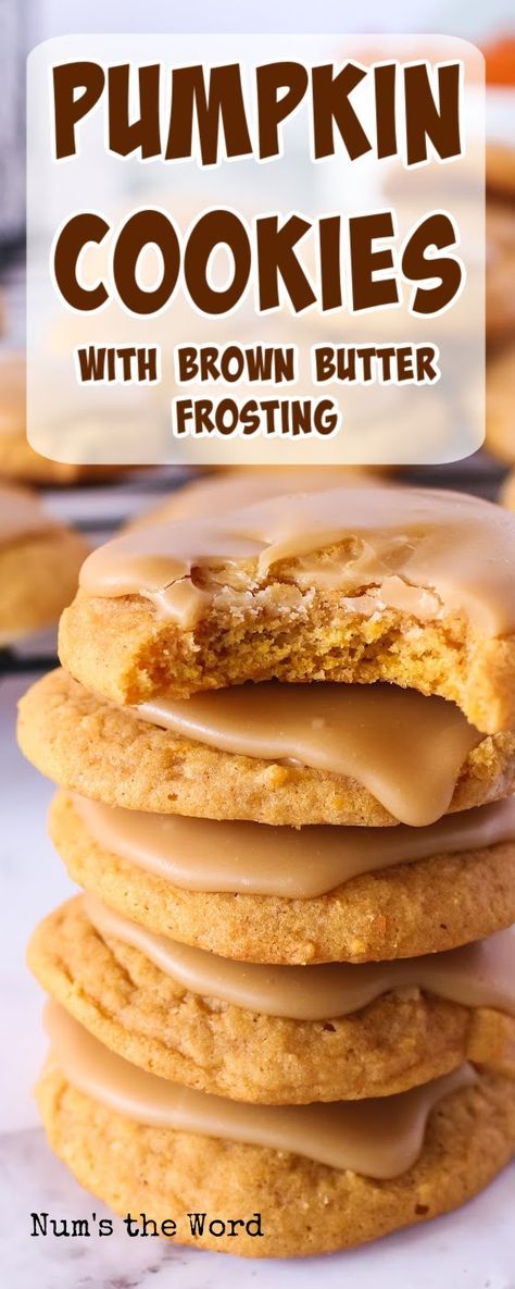 These delicious pumpkin cookies with brown butter frosting are one of those cookie recipes I pull out all year long, but I especially like to make them during the fall season. #pumpkincookiewithbrownbutterfrosting #brownbutterfrosting #brownbuttericing #brownbutterpenuche #penuchefrosting #penucheicing #penuche #pumpkincookierecipe #pumpkincookie #easy pumpkin cookies #icedpumpkincookies #frostedpumpkincookies #numstheword Pumpkin Cookie Brown Butter Frosting, Pumpkin Cookies With Burnt Butter Frosting, Pumpkin Cookie With Brown Butter Icing, Pumpkin Cookies Maple Frosting, Cookies Made With Pumpkin Puree, Pumpkin Cookies Brown Butter Frosting, Pumpkin Cookies With Glaze, Pumpkin Desserts Cookies, Cake Mix Pumpkin Cookies Easy Recipes