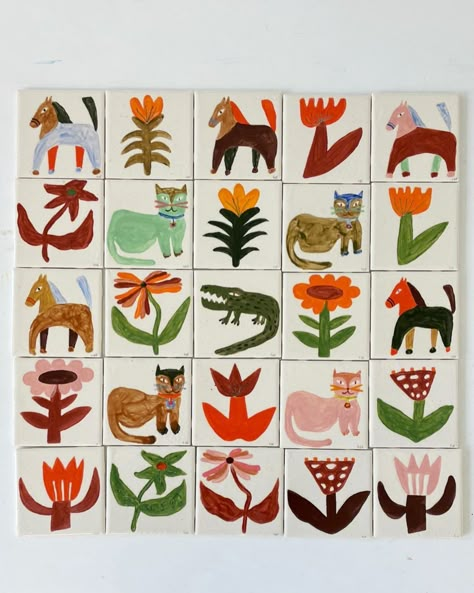 🐊 hand painted tiles that can be installed in your kitchen or your bathroom or your studio or anywhere u like really!!! 🐊 my latest… | Instagram Drawing On Tiles, Kitchen Tiles Painted, Diy Hand Painted Tiles, Handmade Kitchen Tiles, Ceramic Tiles Art, Hand Painted Ceramic Tiles, Tiles Painting Ideas, Painted Tiles Art, Painted Tiles Bathroom