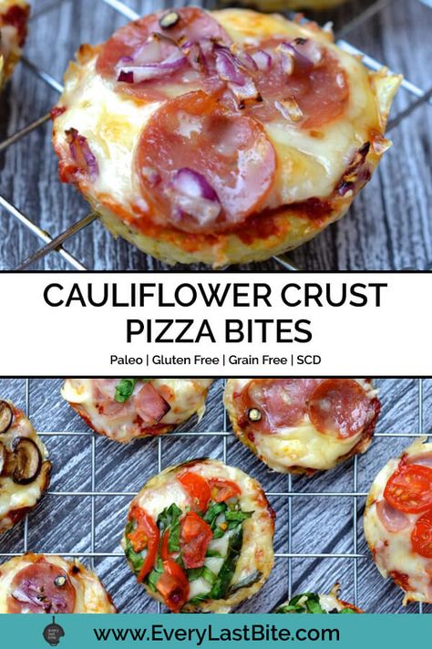 Paleo Pizza Bites, Gluten Free Cauliflower Bites, Gaps Dinner, Gluten Free Pizza Bites, Pizza Muffins Recipe, Cauliflower Pizza Bites, Specific Carbohydrate Diet Recipes, Cauliflower Pizza Crust Recipe, Paleo Cauliflower