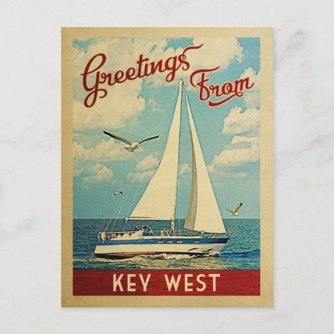 Key West Postcard Sailboat Vintage Travel Florida Maine Postcard, Michigan Poster, California Postcard, Florida Vintage, Vintage Postcards Travel, City Postcard, Boat Sailing, Ny Trip, Maine Travel