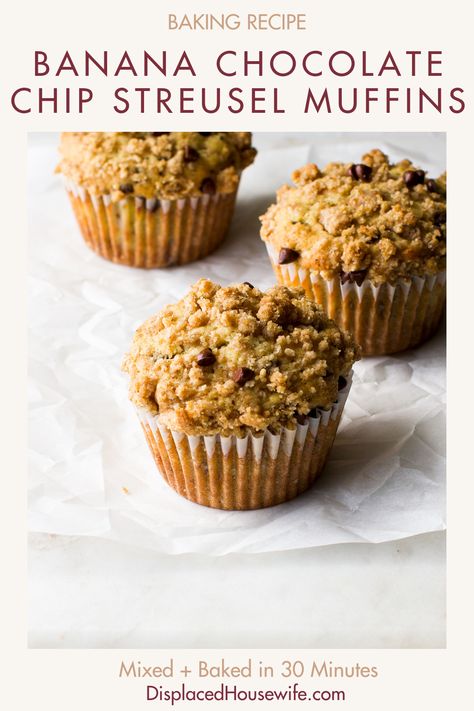 The perfect Banana Chocolate Chip Muffin is here! This small batch recipe (it makes only seven!) comes together quickly using basic baking ingredients (think flour, butter, egg and bananas). The muffin crumb is light and tender, lightly spiced, dotted with mini chocolate chips and crowned with a lid of crunchy streusel. I hope you love these as much as we do! Chocolate Chip Muffin Mix, Basic Baking, Baking Lessons, Chocolate Chip Muffin, Chocolate Banana Muffins, Muffin Streusel, Banana Chocolate Chip Muffins, Muffin Mix, Banana Chocolate