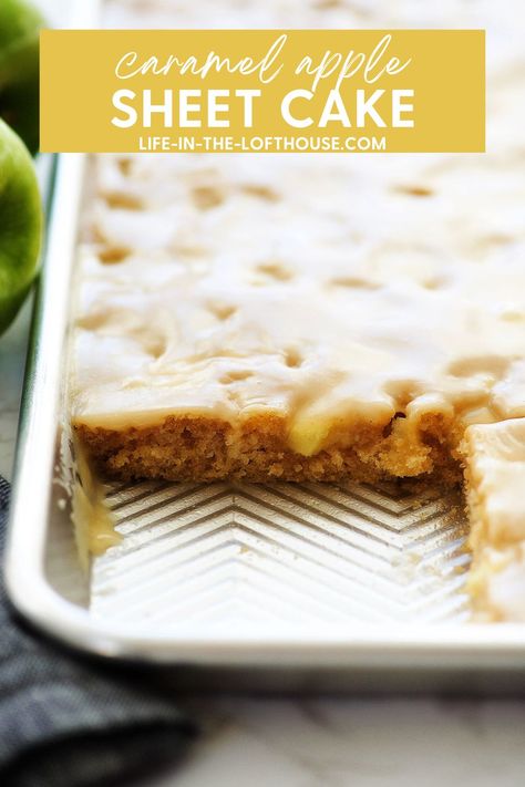 Caramel Apple Sheet Cake is a delicious cinnamon apple cake with a warm caramel glaze. Apple Carmel Sheet Cake, Salted Caramel Apple Sheet Cake, Raw Apple Cake With Caramel Sauce, Sheet Cake Recipes For A Crowd, Apple Desserts For A Crowd, Caramel Apple Sheet Cake, Sheet Pan Desserts, Apple Sheet Cake, Apple Poke Cake