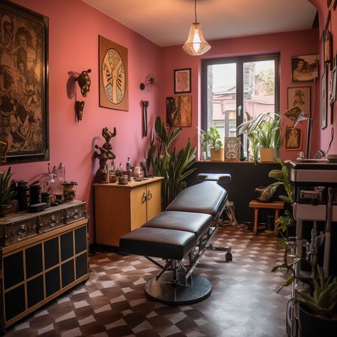 Cute Tattoo Studio Interior, Cool Tattoo Studio Interior, Tattoo Shop Flooring, Aesthetic Tattoo Parlor, Tattoo Studios Workspaces, Private Studio Tattoo, Garage Tattoo Studio, Latino Home Aesthetic, Salon Interior Design Industrial