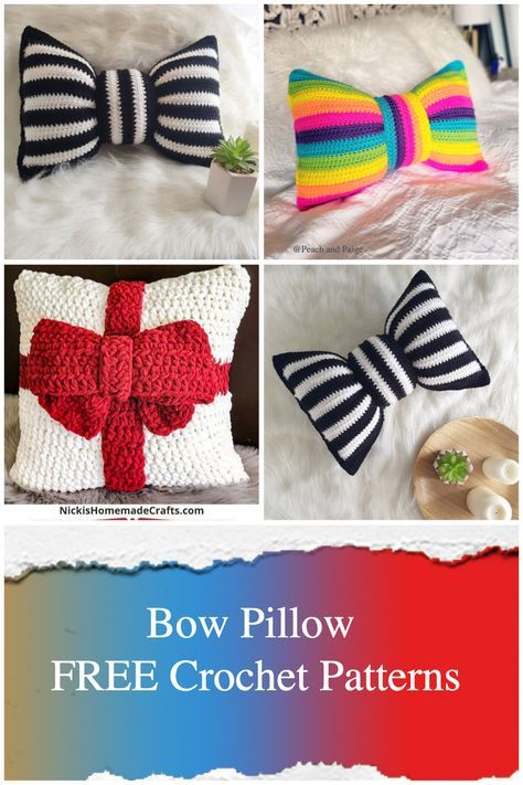 Bow Pillow FREE Crochet Patterns Crochet Bow Pillow Free Pattern, Crochet Bow Pillow, Pillow Crochet Pattern Free, Crochet Seasonal, Bow Pillow, Crochet Pillow Patterns Free, Bow Pillows, Throw Pillow Pattern, Elegant Pillow