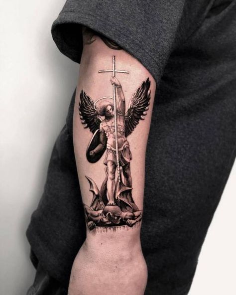 80 Powerful Angel Michael Tattoo Designs with Meaning | Art and Design Paintings As Tattoos, Saint Michael Tattoo Forearm, Arch Angel Michael Tattoo, Saint Michael Tattoo Design, Christian Tattoo Ideas For Men, Saint Michael Tattoo, Archanděl Michael, Archangel Michael Tattoo, Angle Tattoo