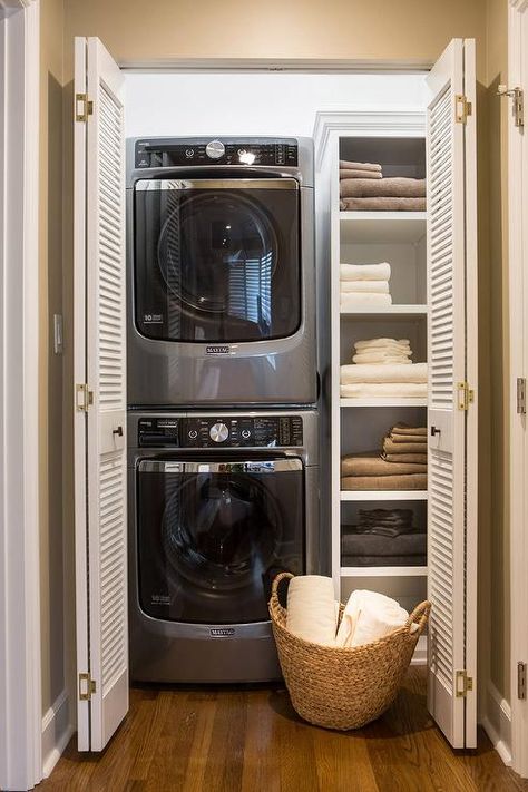 Closet washer and dryer Room Storage Diy, Basement Laundry Room, Stackable Washer And Dryer, Basement Laundry, Laundry Room Closet, Laundry Room Remodel, Laundry Closet, Small Laundry Rooms, Small Laundry Room