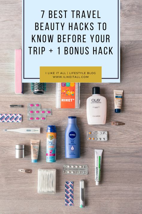 Best Travel Makeup Products, Travel Size Hair Products, Camping Beauty Hacks, Makeup Travel Hacks, Vacation Prep Beauty, Travel Hair Products, Beauty Travel Essentials, Travel Skincare Essentials, Packing Toiletries