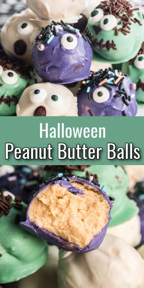 Classic peanut butter balls all dressed up for halloween. These cute bite sized peanut butter truffle are super easy to make and decorate for the spooky holiday. Made with simple ingredients, these are fun for the kids to decorate. Peanut butter and chocolate, easy and delicious. #peanutbutterballs #buckeyes #truffles #easy #homemade #dessert #sweets #candy #ad Halloween Peanut Butter Balls, Halloween Buckeyes, Halloween Deserts Recipes, Peanut Butter Bon Bons, Peanut Butter Chocolate Balls, Halloween Truffles, Peanut Butter Ball, Peanut Butter Oatmeal Balls, Easy Truffles