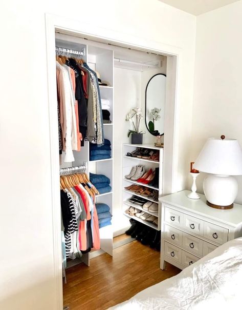 Closet Designs For Two People, Diy Built In Closet Small, 6ft Closet Organization, Bedroom With Office Inspirations, 3ft Closet Ideas, Custom Closet Design Small, Recessed Closet Ideas, Repurpose Bedroom Closet, Closet Diy Ideas How To Build