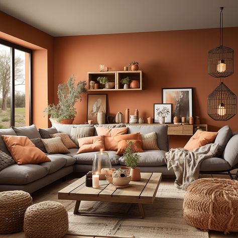 Living Room Designs Terracotta, Terracotta House Decor, Terracotta Decor Living Rooms, Terracotta Living Room Walls, Terracotta Walls Living Room, Terracotta Living Room Decor, Morroco Interior Design, Terracotta Lounge, Warm Interior Design Cozy Living Rooms