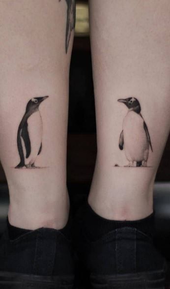 Macaroni Penguin Tattoo, Tattoo Idea For Couples, Couple Animal Tattoo, Penguin Tattoo Men, Penguin Tattoo Design, Tattoos Couples, Small Penguin Tattoo, Matching Penguin Tattoos Couples, Best Couple Tattoos Unique