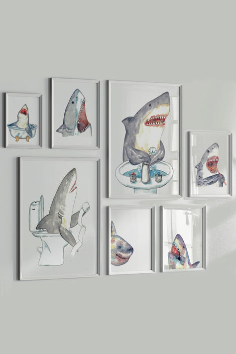 shark gallery wall art Shark Theme Bathroom, Kids Shark Bathroom, Shark Bathroom Ideas, Boys Bathroom Ideas Kid Decor, Baby Boy Bathroom Ideas, Toddler Boy Bathroom Ideas, Shark Bedroom Ideas For Kids, Boys Bathroom Ideas Kid, Chill Bathroom