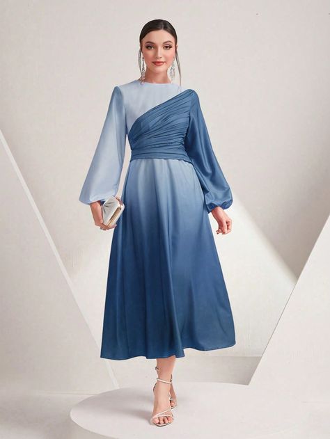 Blue Elegant Collar Long Sleeve Woven Fabric Ombre A Line Embellished Non-Stretch  Women Clothing Ombre Dress Designs, Blue Classy Dress, Maternity Ball Gowns, Soiree Dresses For Hijab, Blue Dress Outfits, Formal Dress Patterns, Ruched Waist Dress, Black Tie Attire, Ombre Print