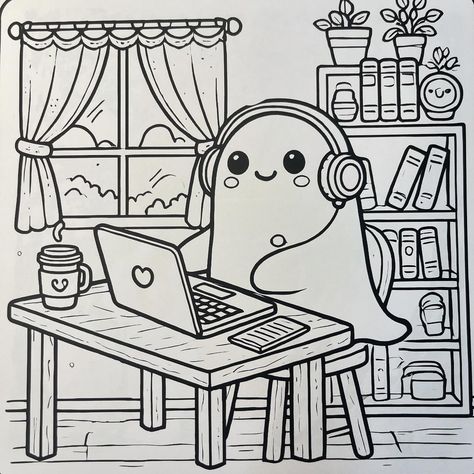 Look at this cutie spooky ghost chillin'. A cute coloring page in my new book " Spooky Cutie". Swipe to fill color 🥰 #cuteghosts #spookycutie #halloween #coloringbookforadults #funnyghost #lovehalloween🎃 Spooky Vibes Coloring Pages, Coloring Book Art Halloween, Cozy Girl Coloring Page, Ghost Colouring Pages, Hilda Coloring Pages, Ghost Colouring Page, Preppy Halloween Coloring Pages, Cute Halloween Colouring Pages, Squish Mellow Coloring Sheets