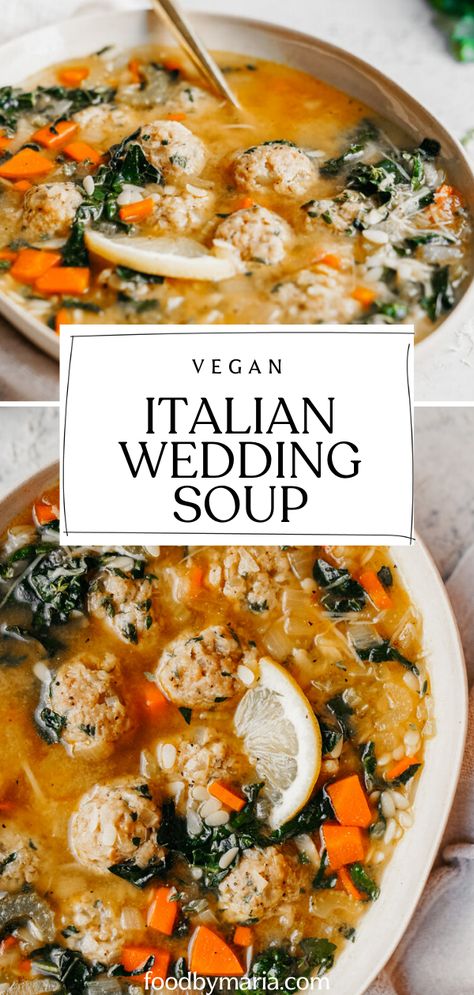 Vegan Italian Wedding Soup - FoodByMaria Italian Wedding Soup Vegan, Vegan Italian Soup Recipes, Vegetarian Wedding Soup, Italian Soup Recipes Vegetarian, Italian Wedding Soup Vegetarian, Vegan Wedding Soup, Vegan Albondigas Soup, Vegetarian Italian Wedding Soup, Vegan Italian Soup