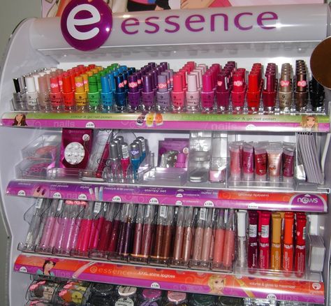 An Essence cosmetics display. (Essence is a German brand and they make really fun, affordable products.) Essence Make Up, Mousse Makeup, Best Makeup Brands, Makeup You Need, Essence Makeup, Makeup Hacks Beauty Secrets, Beauty Essence, Essence Cosmetics, Makeup To Buy